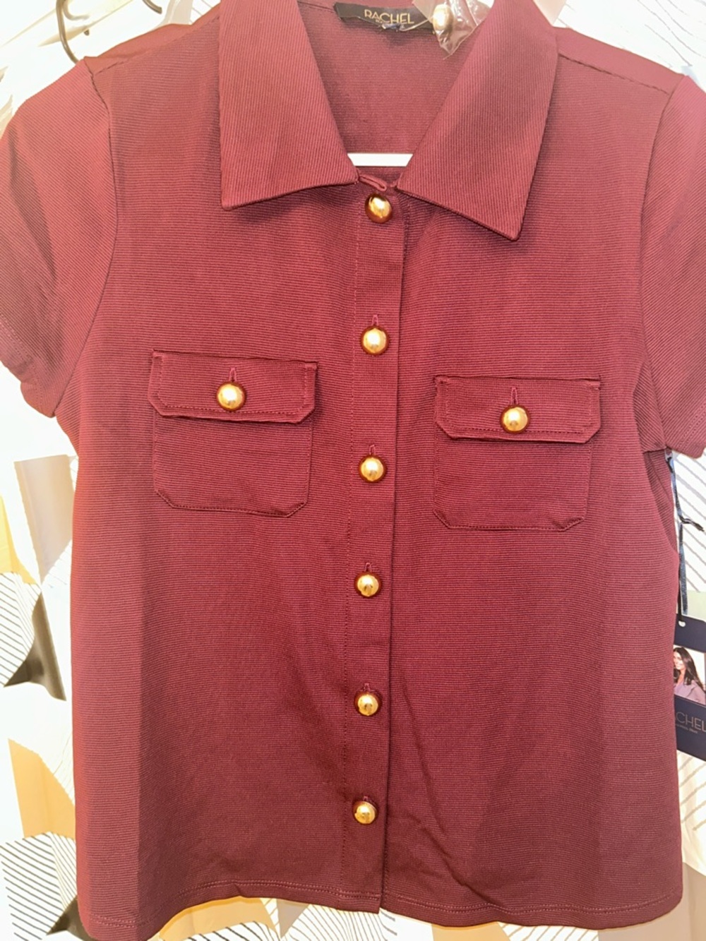 Rachel Burgundy Short-Sleeve Polo with Gold Pearl Buttons